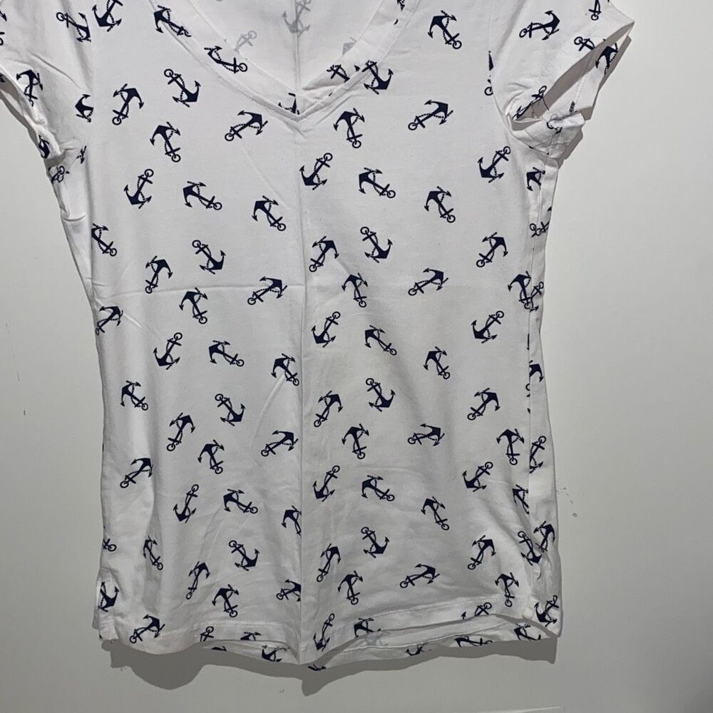Cable & Gauge Womens Navy Anchor Print V-Neck Short Sleeve T-Shirt White Small - Picture 2 of 7